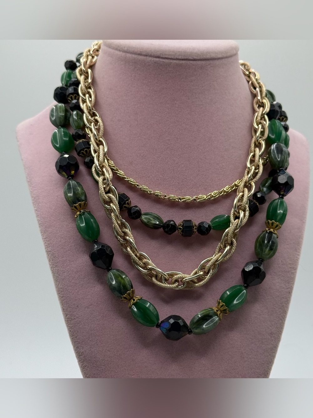 West Germany Gold Chain and Green & Black Bead Layered Necklace